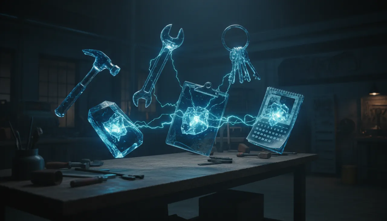 Crystalline tools of the trade — hammer, wrench, keys, calendar — formed from light over a workbench